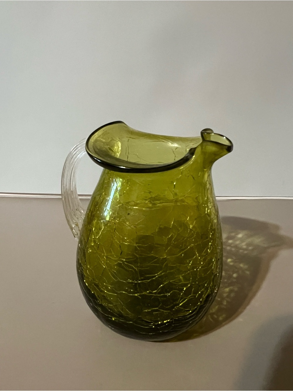 Green Crackle Glass Pitcher, 3 3/4 in tall